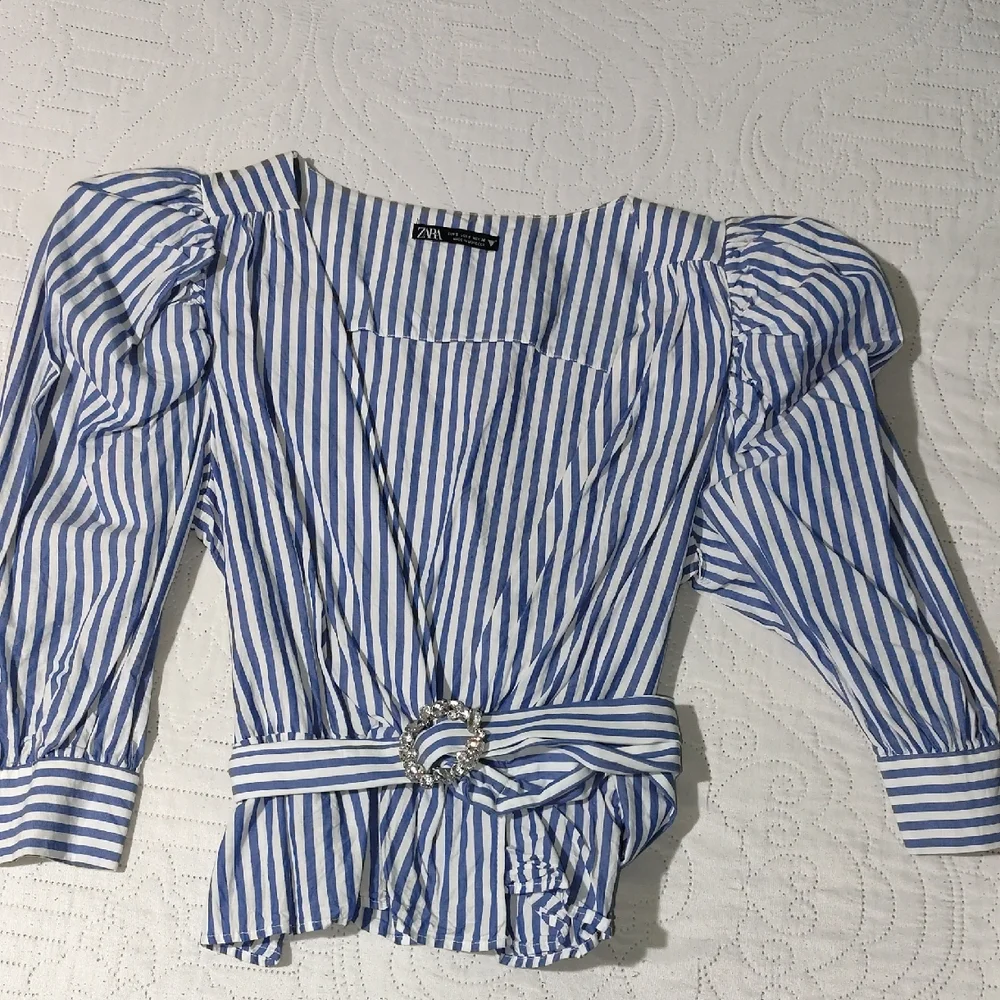 Zara Blue and White Striped Puff-Sleeve Wrap Blouse